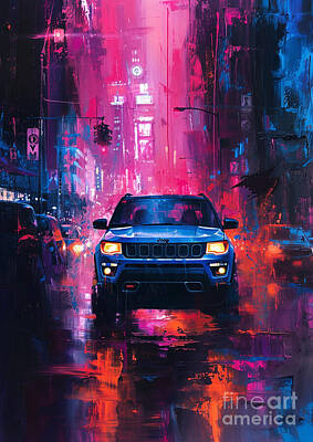 Cities Digital Art Royalty Free Images - Car Graphic Jeep Compass with a neon-lit urban environment Garage Mancave Royalty-Free Image by Destiney Sullivan