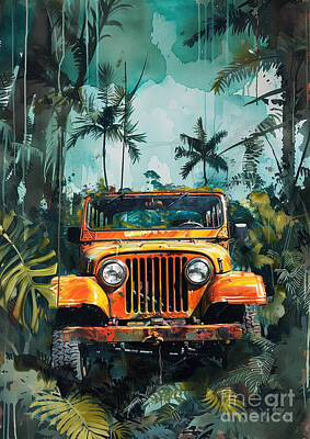 Landscapes Digital Art - Car Graphic Jeep in a tropical jungle adventure Garage Mancave by Destiney Sullivan