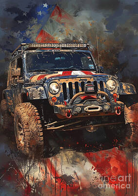 Landmarks Digital Art - Car Graphic Jeep Wrangler with a patriotic American flag theme Garage Mancave by Destiney Sullivan