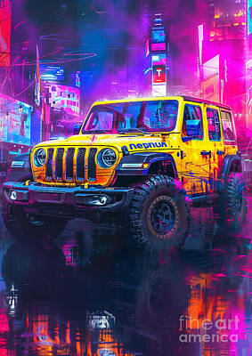 Cities Digital Art Royalty Free Images - Car Graphic Jeep Wrangler with a retro-futuristic neon theme Garage Mancave Royalty-Free Image by Destiney Sullivan