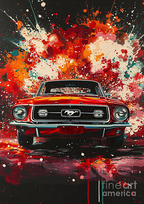 Transportation Digital Art - Car Graphic Mustang in a cosmic explosion background Garage Mancave by Destiney Sullivan