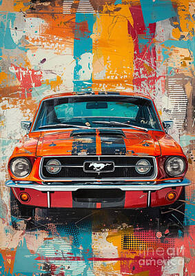 Transportation Digital Art - Car Graphic Mustang with a 90s retro style Garage Mancave by Destiney Sullivan