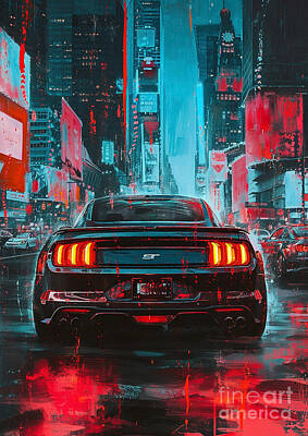 Cities Royalty-Free and Rights-Managed Images - Car Graphic Mustang with a futuristic cityscape backdrop Garage Mancave by Destiney Sullivan