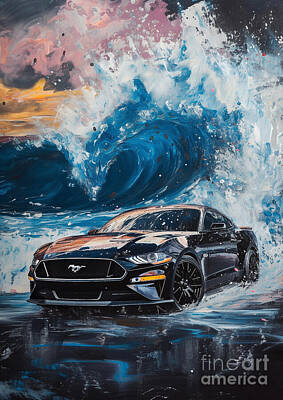 Transportation Digital Art - Car Graphic Mustang with a stormy seascape background Garage Mancave by Destiney Sullivan