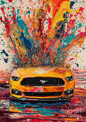 Transportation Digital Art - Car Graphic Mustang with a vibrant color explosion Garage Mancave by Destiney Sullivan