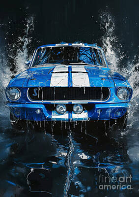 Transportation Digital Art - Car Graphic Mustang with a water splash effect Garage Mancave by Destiney Sullivan