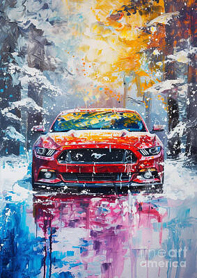 Landscapes Digital Art - Car Graphic Mustang with a winter wonderland theme Garage Mancave by Destiney Sullivan