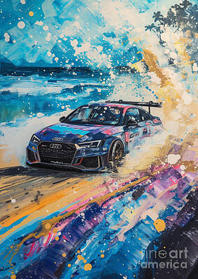 Sports Digital Art - Car Graphic RS4 drifting on a beach Garage Mancave by Destiney Sullivan