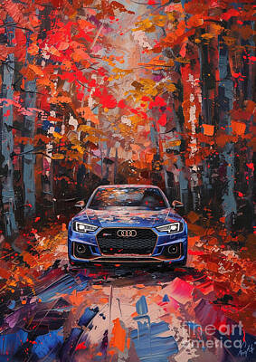 Transportation Digital Art Royalty Free Images - Car Graphic RS4 with a vibrant autumn forest setting Garage Mancave Royalty-Free Image by Destiney Sullivan