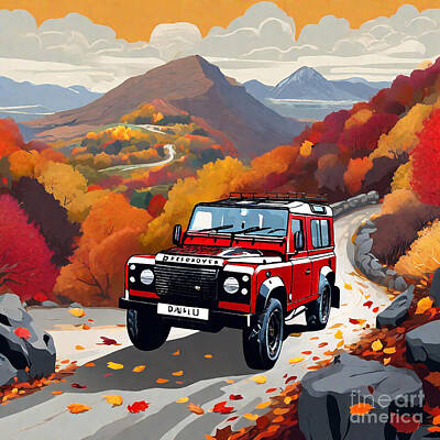 Featured Tapestry Designs - Car Land Rover Defender V8 with vibrant autumn foliage by Destiney Sullivan