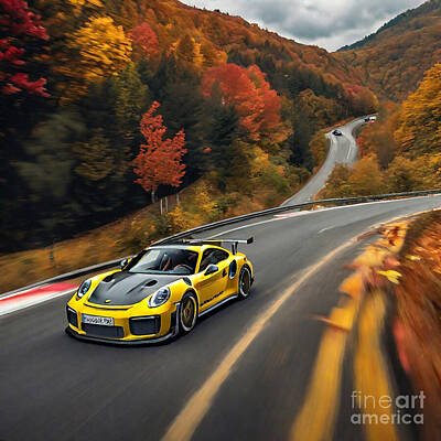 Modern Man Famous Athlete Paintings Royalty Free Images - Car Porsche 911 GT2 RS Weissach Package with vibrant autumn foliage Royalty-Free Image by Destiney Sullivan