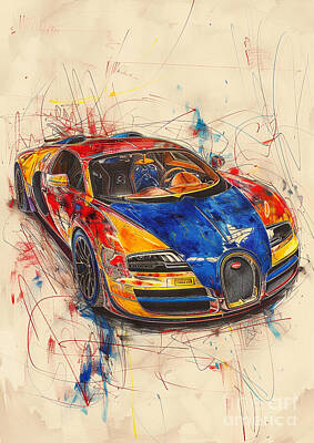 Sports Paintings - Car Sketch Bugatti Veyron Super Sport - Car Guy Gift, Car Portrait, Gift for Car Lover, Fathers Day gift by Lowell Harann