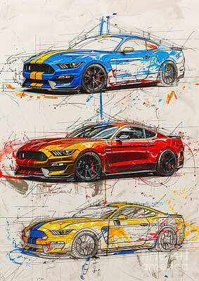 Sports Paintings - Car Sketch Ford Mustang GT 5th gen - Car Guy Gift, Car Portrait, Gift for Car Lover, Fathers Day gift by Lowell Harann