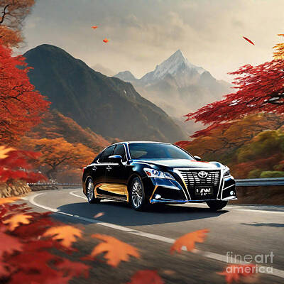Athletes Digital Art - Car Toyota Crown Athlete G with vibrant autumn foliage by Destiney Sullivan