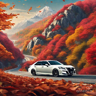 Athletes Digital Art - Car Toyota Crown Athlete with vibrant autumn foliage by Destiney Sullivan