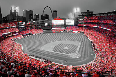 Baseball Photos - Cardinals Baseball and St Louis Skyline From Busch Stadium - Selective Coloring by Gregory Ballos