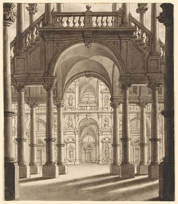 Comedian Drawings - Carlo Galli Bibiena 1728 ca 1778 Palace Courtyard with Stairs by Arpina Shop