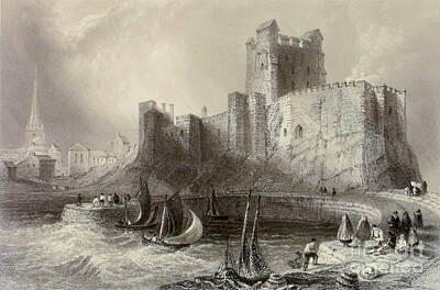 Landscapes Drawings - Carrickfergus Castle, County Antrim, Northern Ireland u1 by Historic Illustrations
