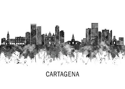 City Scenes Mixed Media Rights Managed Images - Cartagena Colombia Skyline BW Royalty-Free Image by NextWay Art