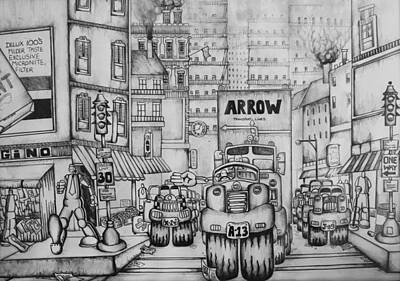 City Scenes Drawings - Cartoon City by Skye Taylor