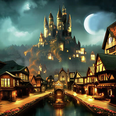 Fantasy Mixed Media - Castle above old town depiction at nighttime by Debra Millet