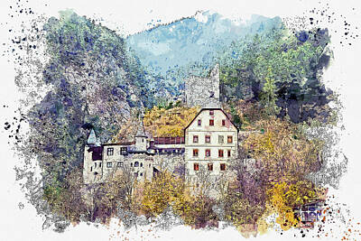 Fantasy Digital Art - Castle, Austria  - Watercolor ca 2020 by Ahmet Asar by Celestial Images