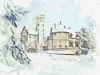 Fantasy Digital Art - Castle Liechtenstein Swabian Alb  - Watercolor ca 2020 by Ahmet Asar by Celestial Images