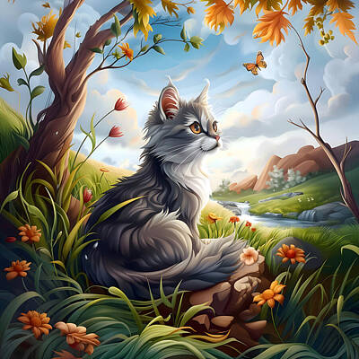 Mountain Digital Art - Cat and Butterfly by Lozzerly Designs