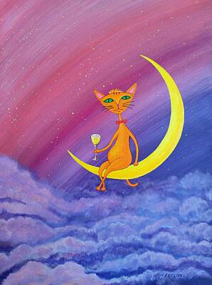 Wine Paintings - Cat Lucky on the moon by Vladimir Frolov
