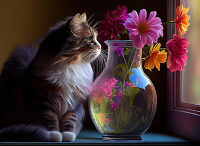 Lilies Digital Art - Cat with Flowers Looking out the Window by Lily Malor