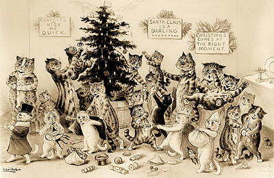 Mammals Drawings - Cats Decorating Christmas Tree By Louis William Wain by Louis William Wain