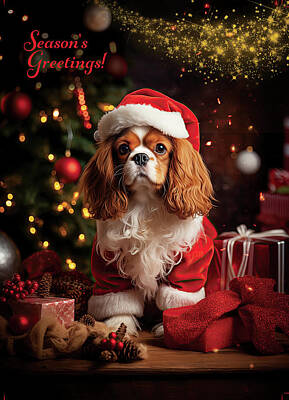 Best Sellers - Lilies Royalty-Free and Rights-Managed Images - Cavalier King Charles Spaniel Santas Helper by Lily Malor