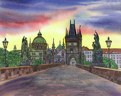 Hood Ornaments And Emblems - Charles Bridge Prague Czech Republic Watercolor  by Irina Sztukowski