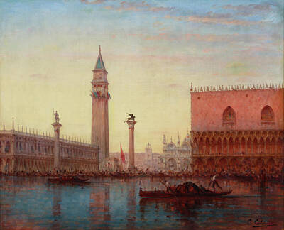 Railroad Royalty Free Images - CHARLES CLEMENT CALDERON French 1870 1906 A view of Piazza San Marco from across the lagoon Venice Royalty-Free Image by Artistic Rifki