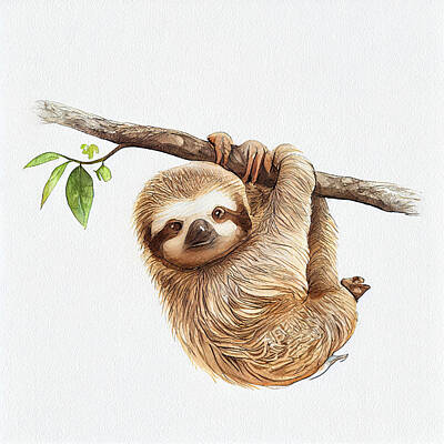 Animal Paintings David Stribbling - Charming  baby  sloth  hanging  from  a  branch  with    adc    d  a  fcbb by Asar Studios by Celestial Images