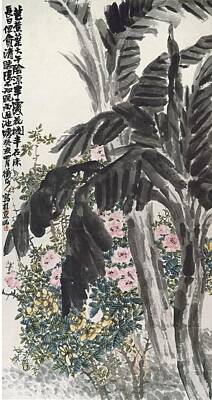Traditional Bells - Chen Hengke CHINA ROSES AND BANANA TREES ink and colour on paper, hanging scroll by Timeless Images Archive