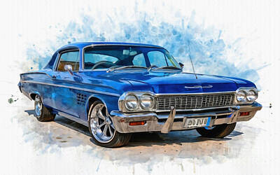 Lets Be Frank - Chevrolet Impala Front View 1959 Cars watercolor Retro Cars watercolor Blue Impala by Lowell Harann
