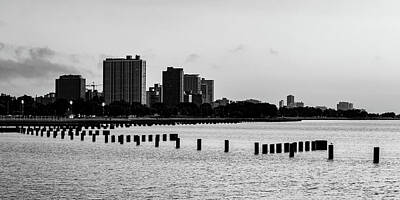 Cities Photos - Chicago Illinois Lake Michigan Panorama - Black and White by Gregory Ballos
