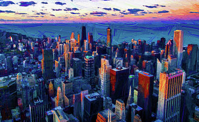 Abstract Skyline Digital Art - Chicago Skyline, Illinois, USA - 1 - Abstract Oil Painting by Ahmet Asar by Celestial Images