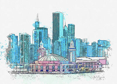 Celebrity Pop Art Potraits - Chicago Skyline, Illinois, USA - 12, watercolor, ca 2020 by Ahmet Asar by Celestial Images