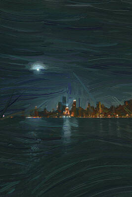 Abstract Skyline Digital Art - Chicago Skyline, Illinois, USA - 35 - Abstract Oil Painting by Ahmet Asar by Celestial Images
