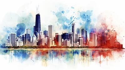 Skylines Mixed Media Royalty Free Images - Chicago Skyline Watercolour #02 Royalty-Free Image by Stephen Smith Galleries