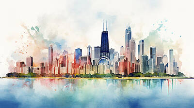 Skylines Mixed Media Rights Managed Images - Chicago Skyline Watercolour #04 Royalty-Free Image by Stephen Smith Galleries