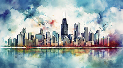 Skylines Rights Managed Images - Chicago Skyline Watercolour #10 Royalty-Free Image by Stephen Smith Galleries