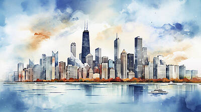 Cities Mixed Media - Chicago Skyline Watercolour #15 by Stephen Smith Galleries