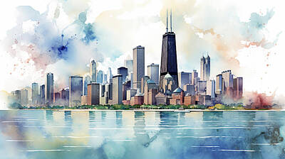 Skylines Mixed Media Rights Managed Images - Chicago Skyline Watercolour #20 Royalty-Free Image by Stephen Smith Galleries
