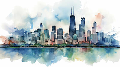 Cities Mixed Media - Chicago Skyline Watercolour #26 by Stephen Smith Galleries