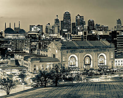 Football Photos - Chiefs Championship KC Skyline in Sepia by Gregory Ballos
