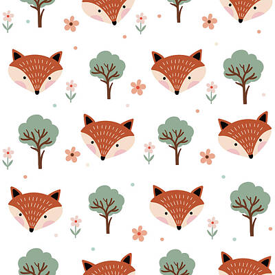 Animals Drawings - Childish seamless pattern with foxes and trees by Julien