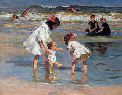 Vintage Baseball Players Rights Managed Images - Children Playing At The Seashore  Royalty-Free Image by Edward Henry Potthast